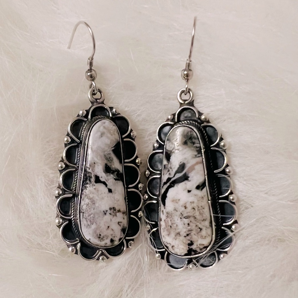 White Buffalo Silver Native Earrings by E Spence